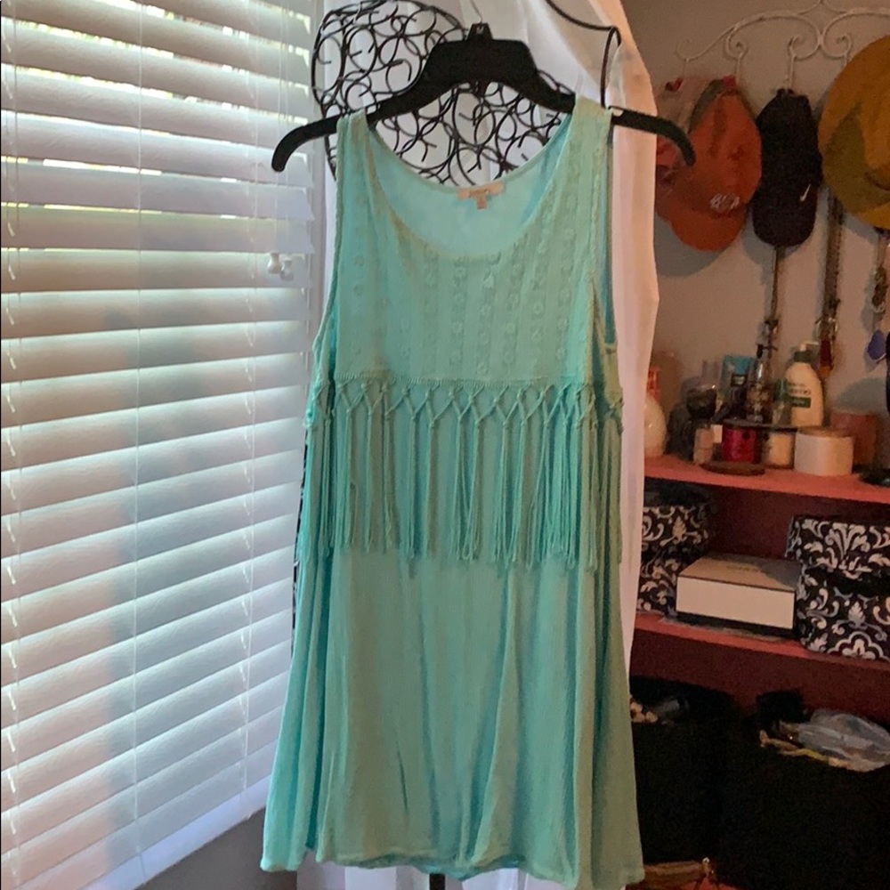Teal fringe shift dress